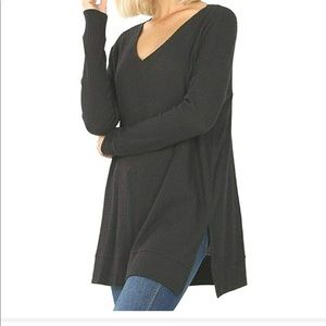 Black waffle weave long sleeve top